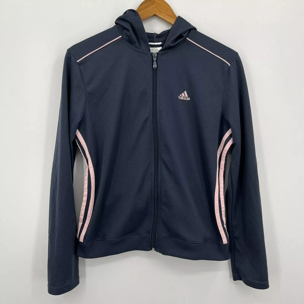 Adidas Womens Navy Blue Pink Stripe Full Zip Hooded Track Jacket Size M